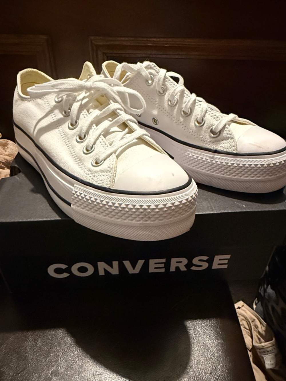 Converse Low Top Platform Sneakers in White with Black Trim